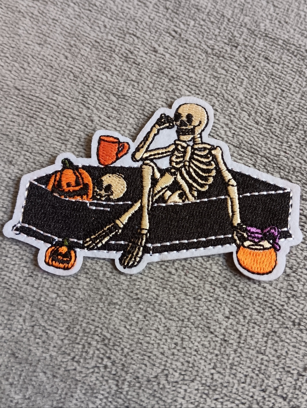 Skeleton Coffin Halloween Iron On Patch, Embroidered Skull Applique, Horror